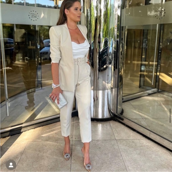 ZARA 2 Piece Lapelless Blazer And High Waisted Belted Pants Ecru - Picture 2 of 3